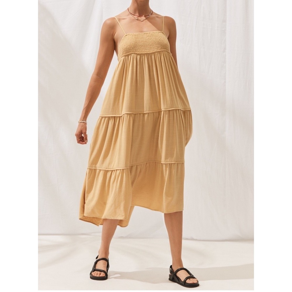 Sancia Women's Saffron Linen Saskia Midi Dress Shirred Panel Side Pockets Size S